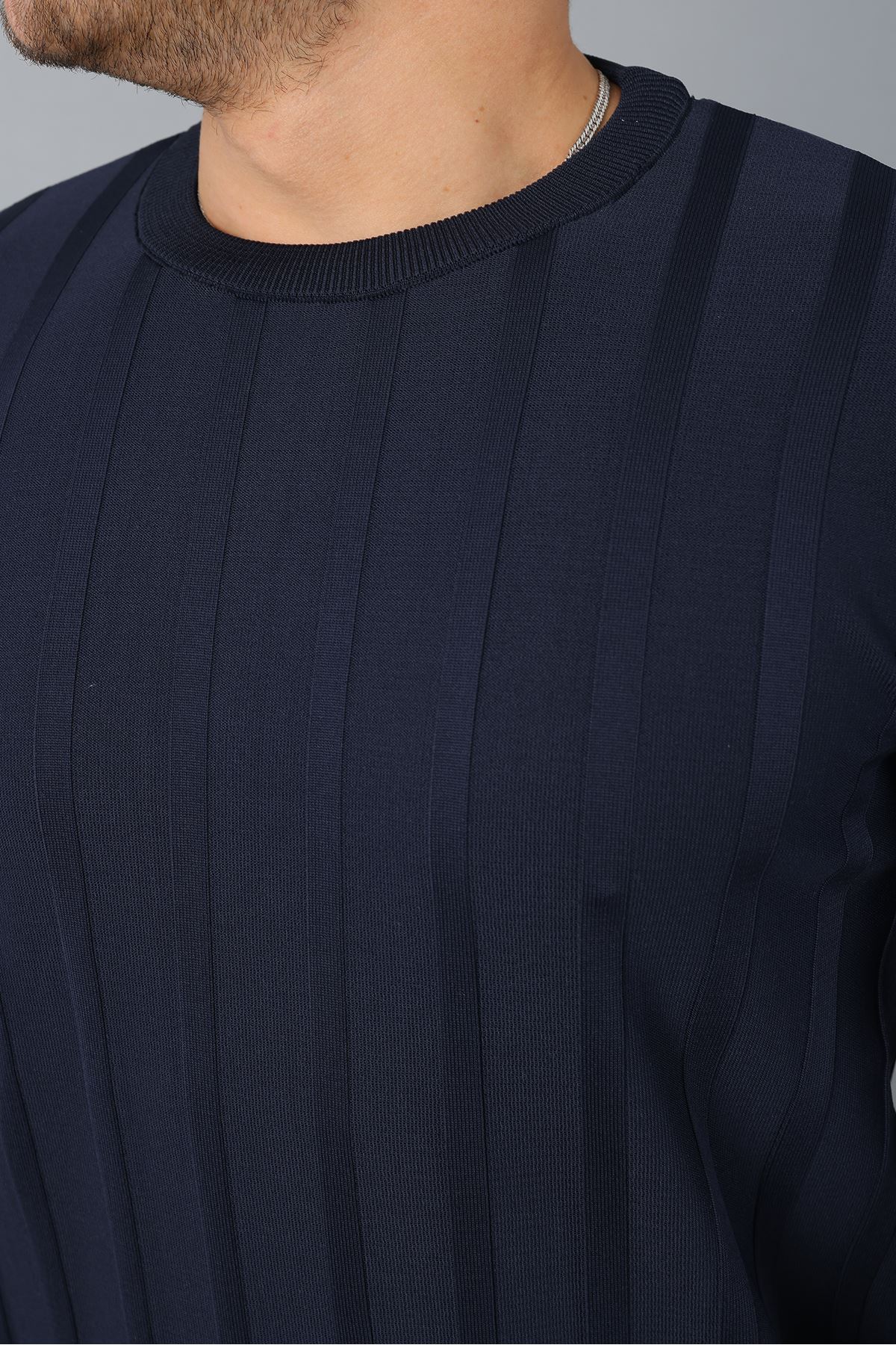 Erkek Uzun Kol Bisiklet Yaka Kendinden Çizgili Triko