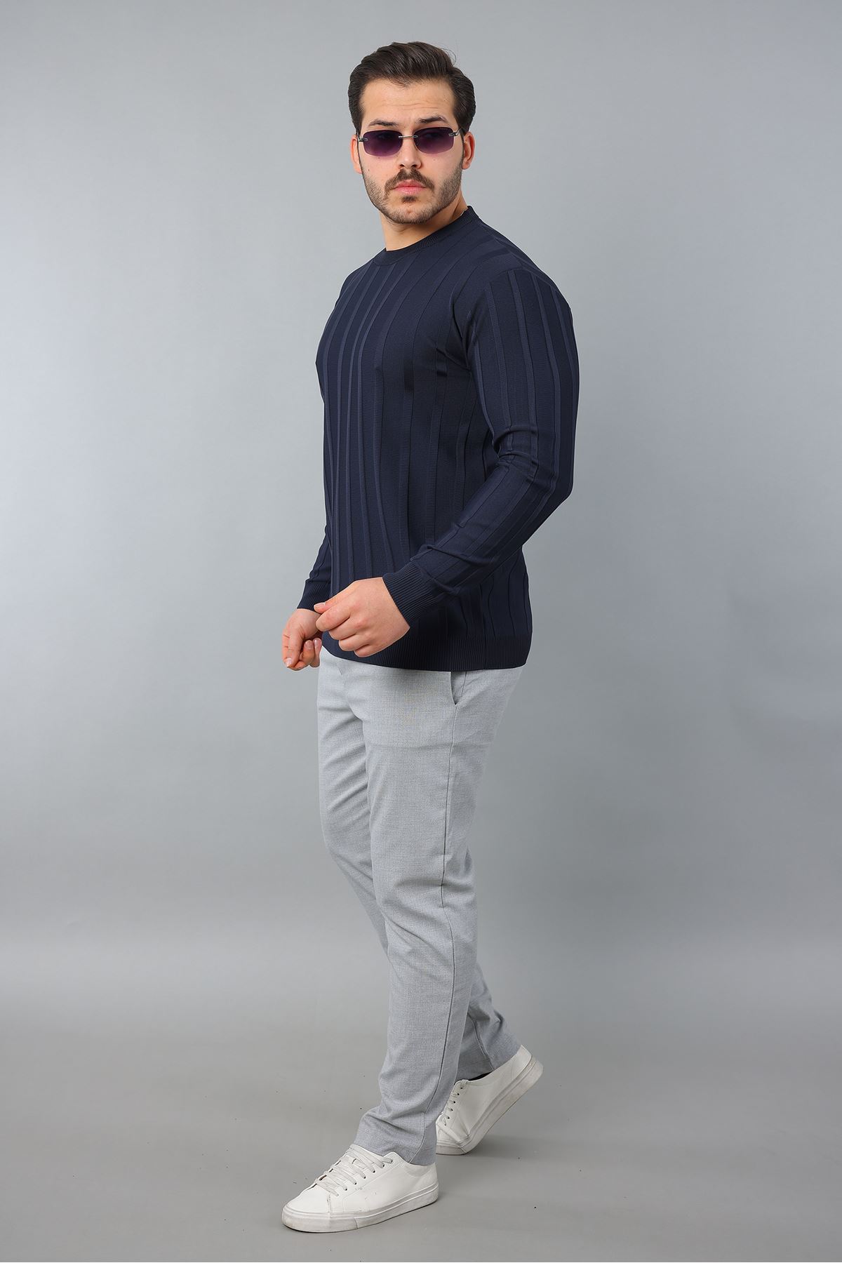 Erkek Uzun Kol Bisiklet Yaka Kendinden Çizgili Triko