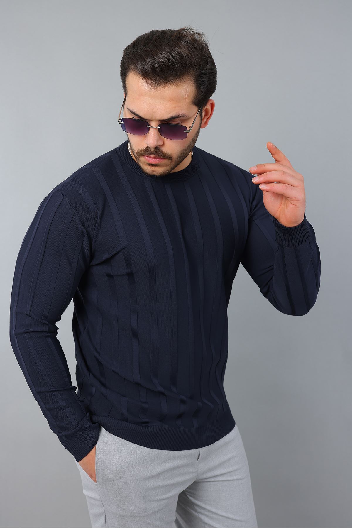 Erkek Uzun Kol Bisiklet Yaka Kendinden Çizgili Triko