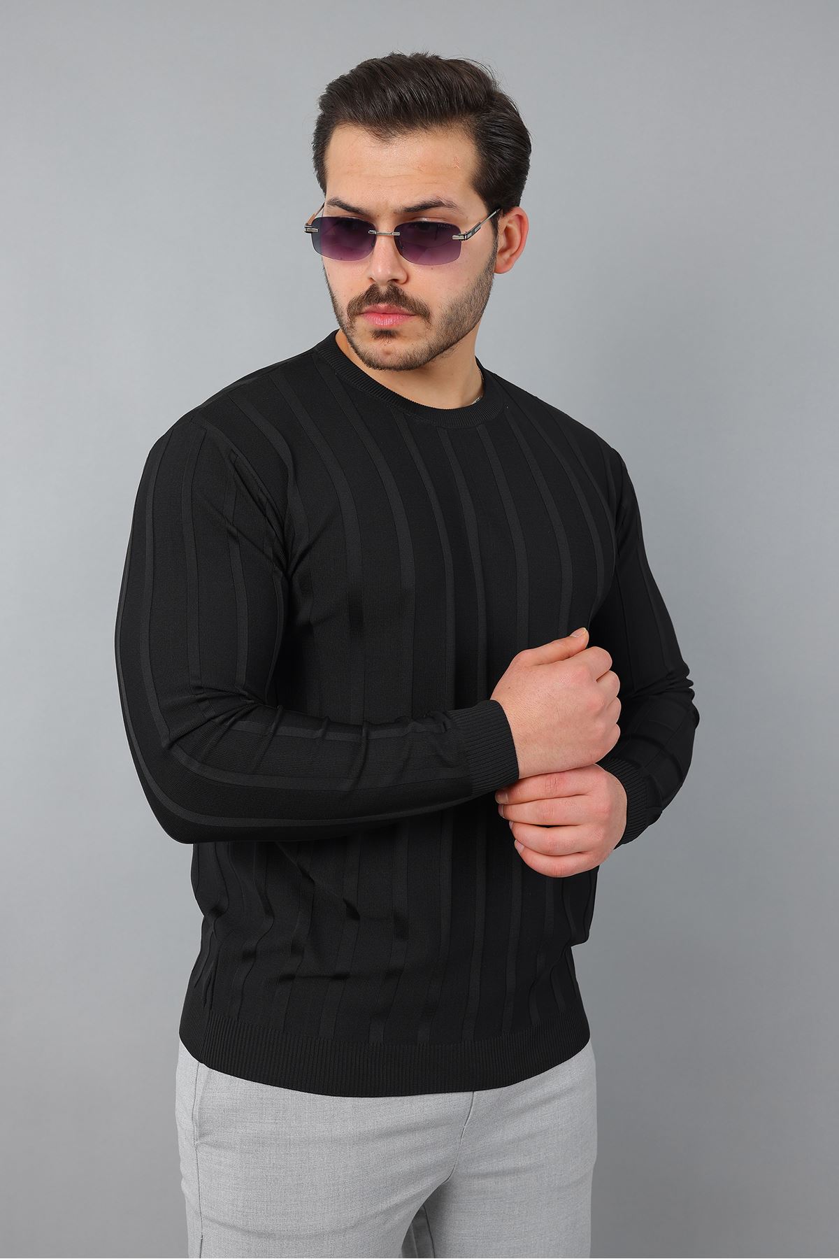 Erkek Uzun Kol Bisiklet Yaka Kendinden Çizgili Triko