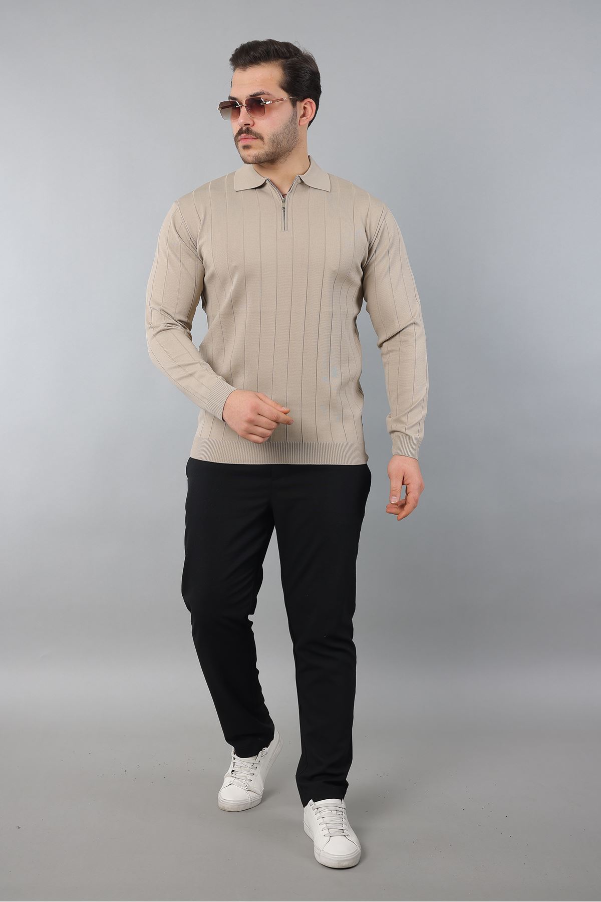 Erkek Polo Yaka Uzun kol Yarım fermuarlı Klasik Düz Günlük Kullanıma Uygun Triko