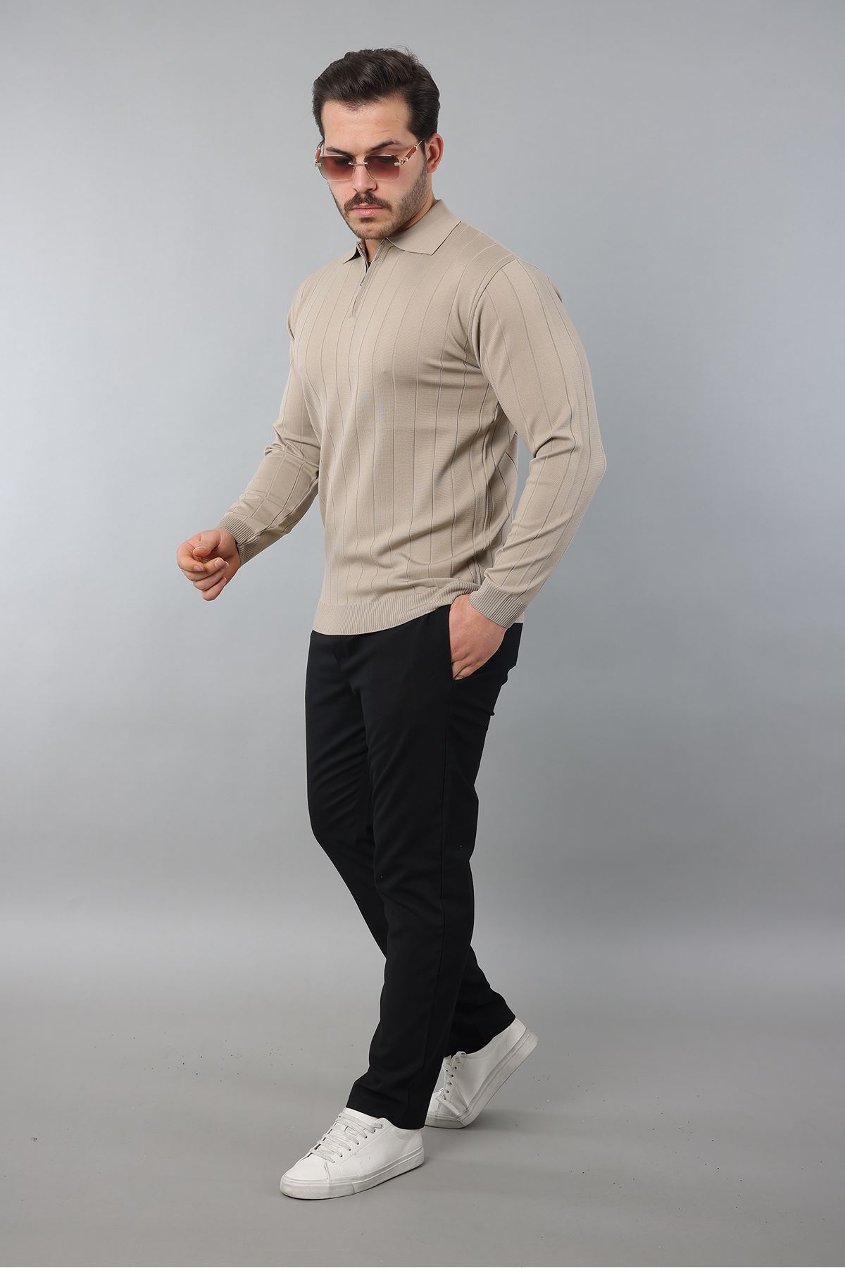 Erkek Polo Yaka Uzun kol Yarım fermuarlı Klasik Düz Günlük Kullanıma Uygun Triko