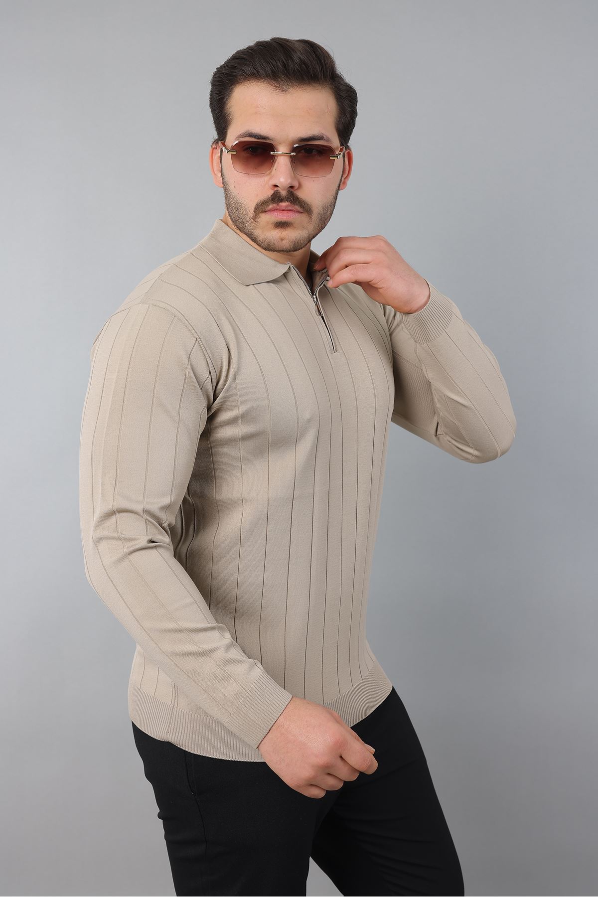 Erkek Polo Yaka Uzun kol Yarım fermuarlı Klasik Düz Günlük Kullanıma Uygun Triko