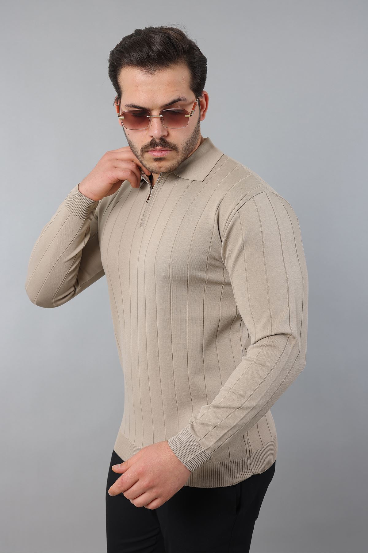 Erkek Polo Yaka Uzun kol Yarım fermuarlı Klasik Düz Günlük Kullanıma Uygun Triko