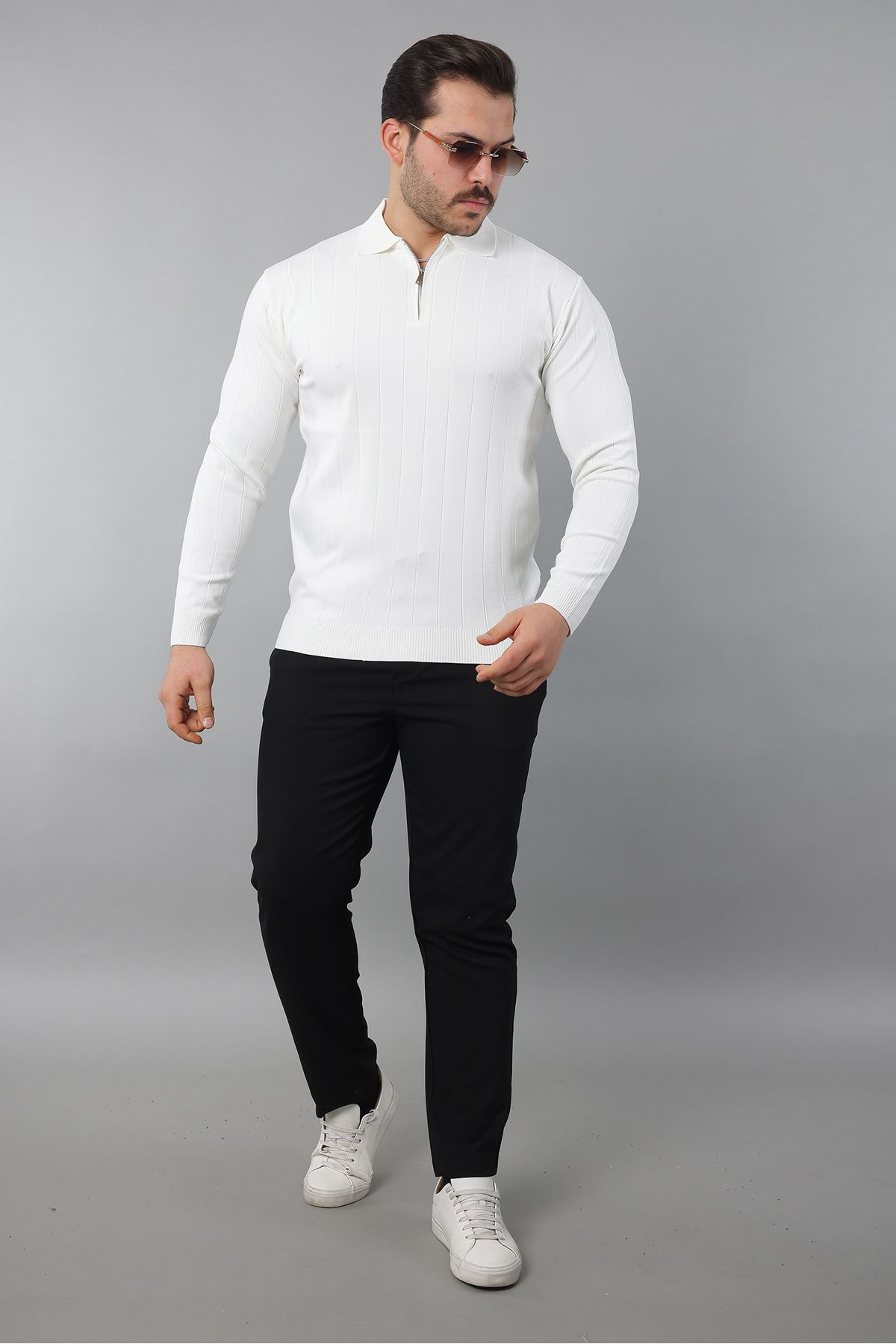 Erkek Polo Yaka Uzun kol Yarım fermuarlı Klasik Düz Günlük Kullanıma Uygun Triko