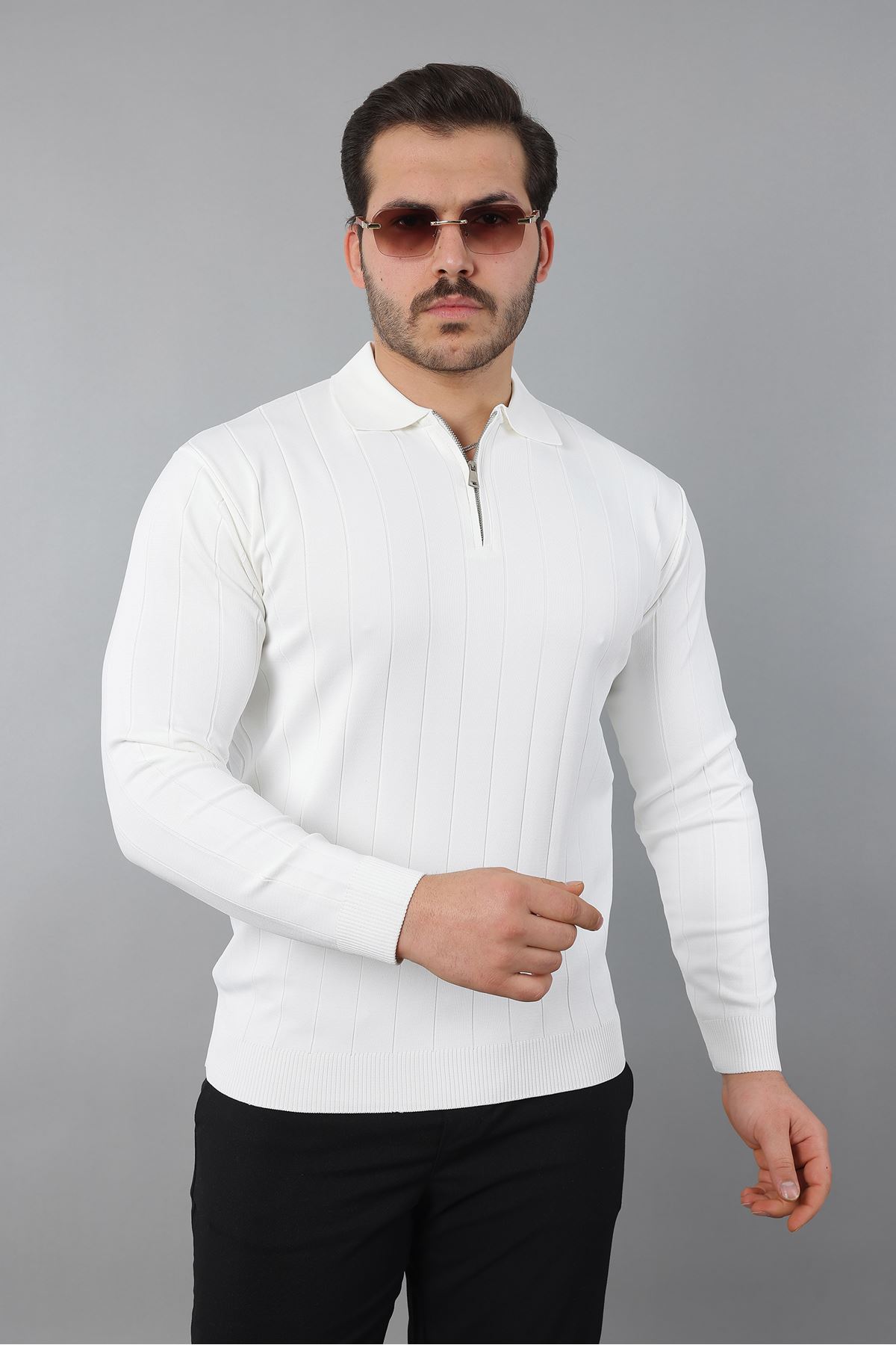 Erkek Polo Yaka Uzun kol Yarım fermuarlı Klasik Düz Günlük Kullanıma Uygun Triko