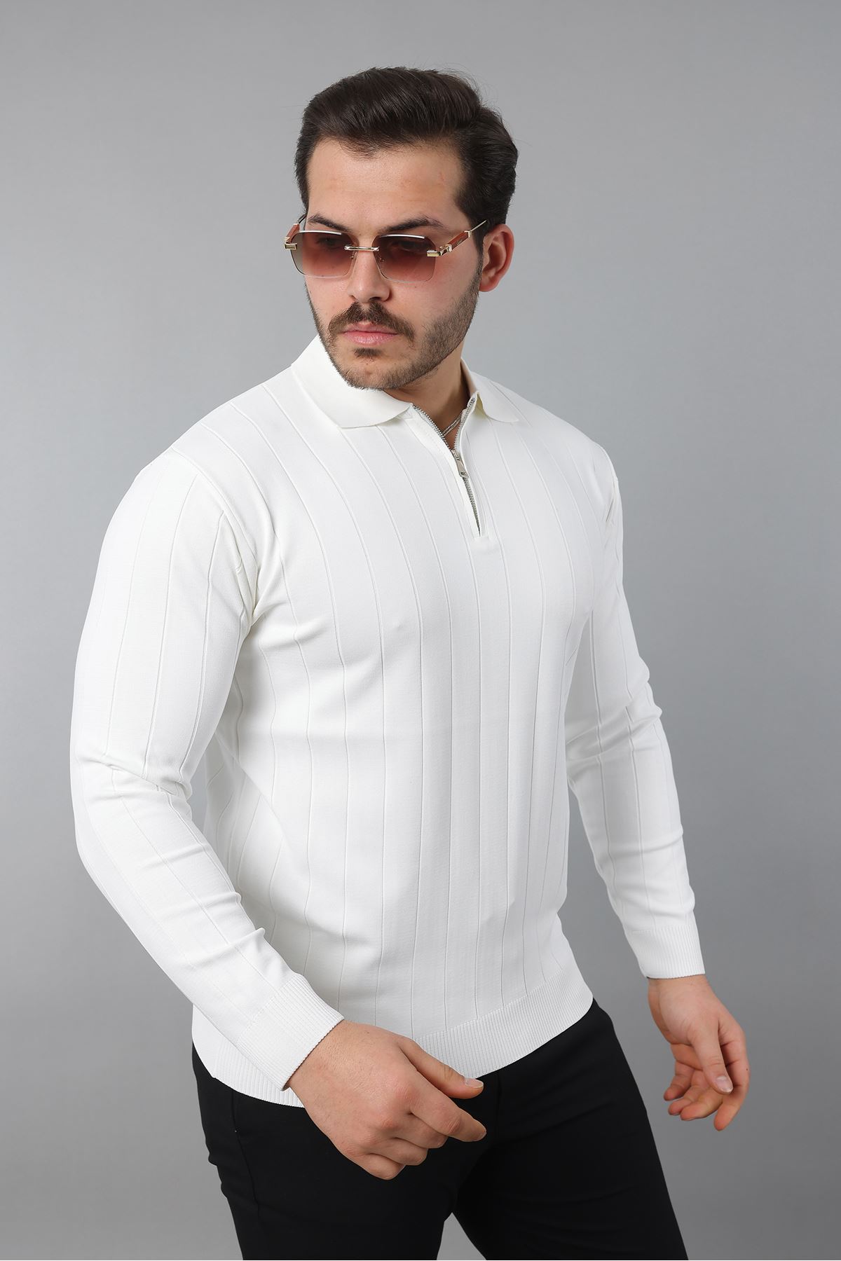 Erkek Polo Yaka Uzun kol Yarım fermuarlı Klasik Düz Günlük Kullanıma Uygun Triko