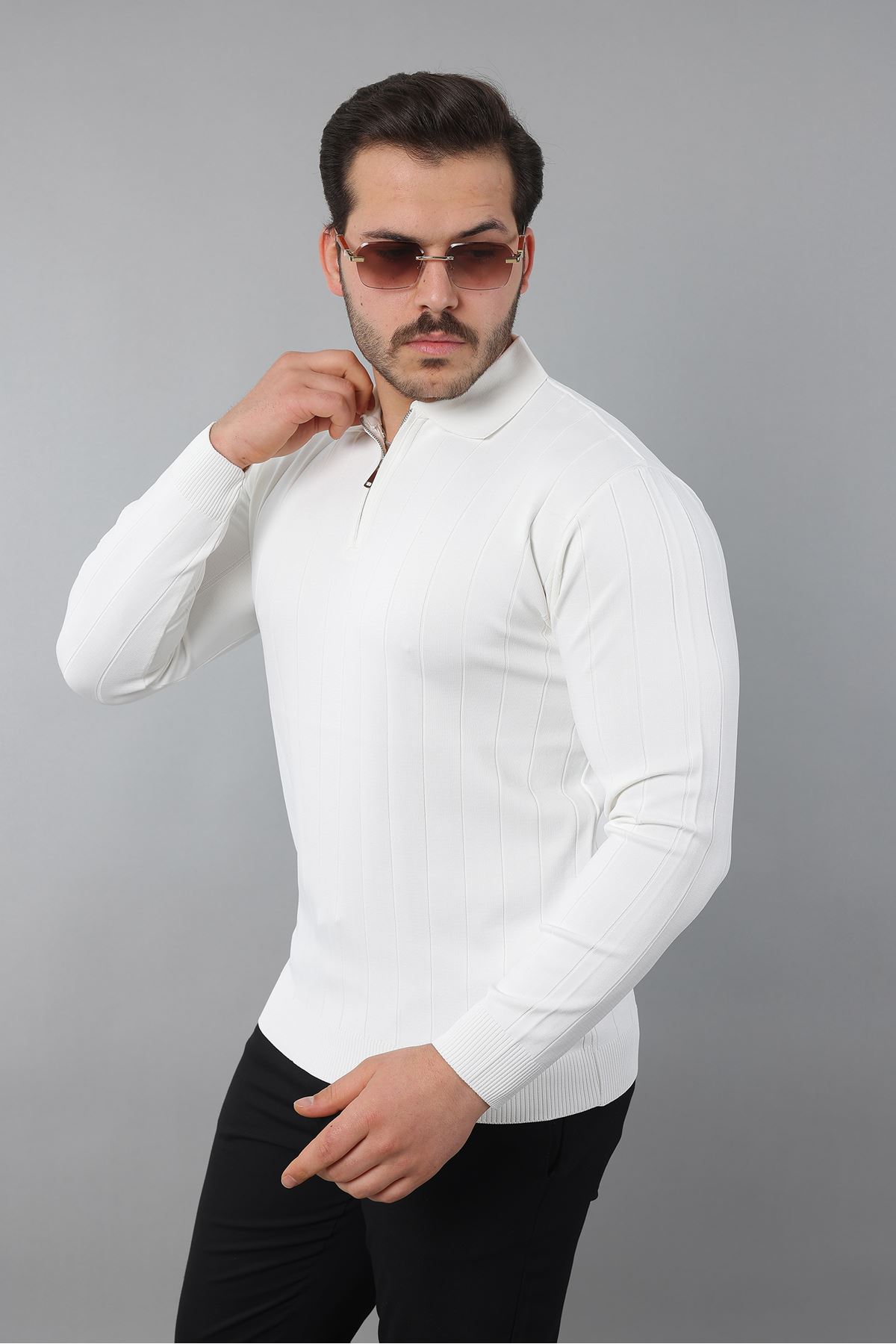 Erkek Polo Yaka Uzun kol Yarım fermuarlı Klasik Düz Günlük Kullanıma Uygun Triko