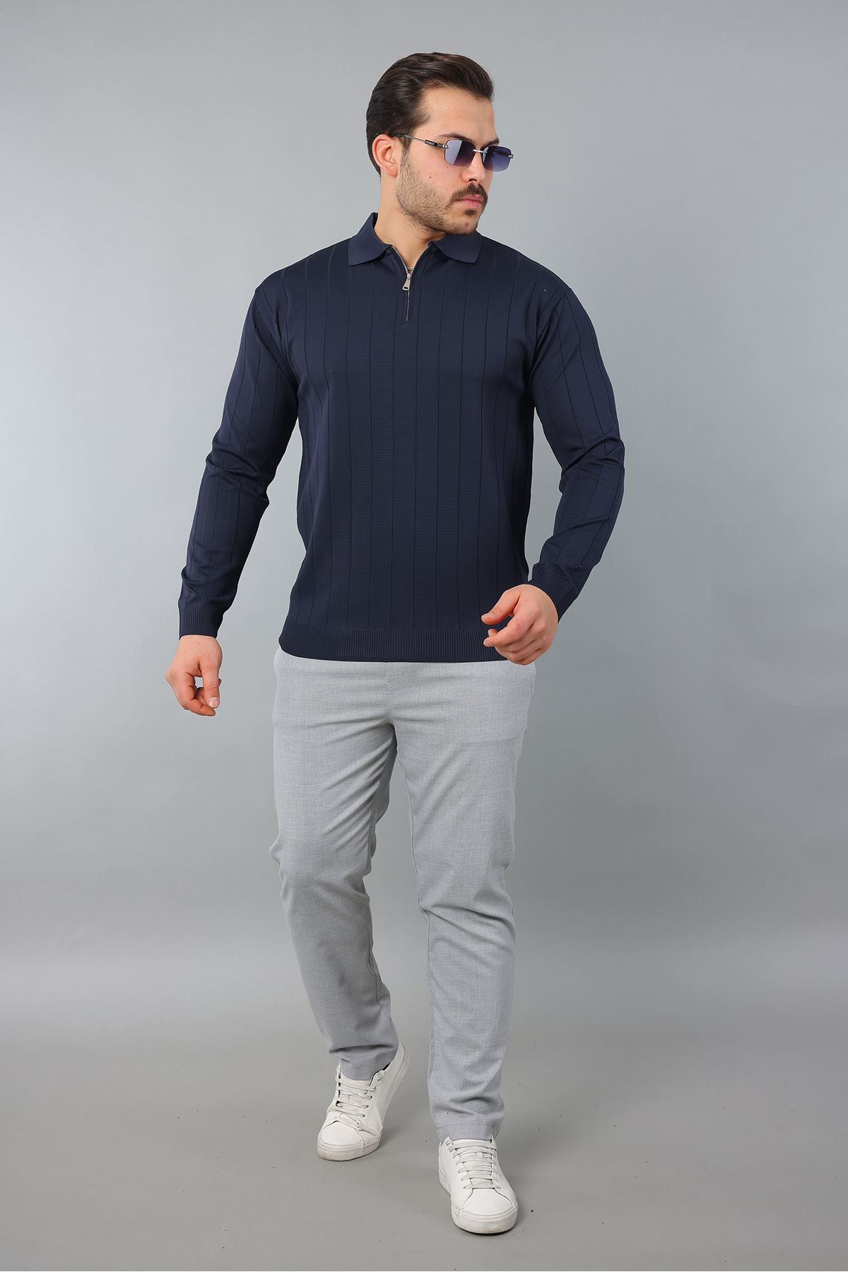 Erkek Polo Yaka Uzun kol Yarım fermuarlı Klasik Düz Günlük Kullanıma Uygun Triko