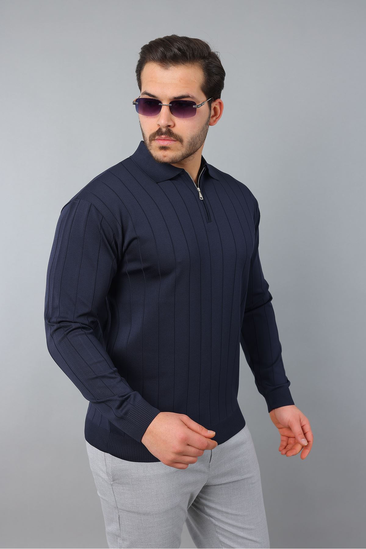 Erkek Polo Yaka Uzun kol Yarım fermuarlı Klasik Düz Günlük Kullanıma Uygun Triko