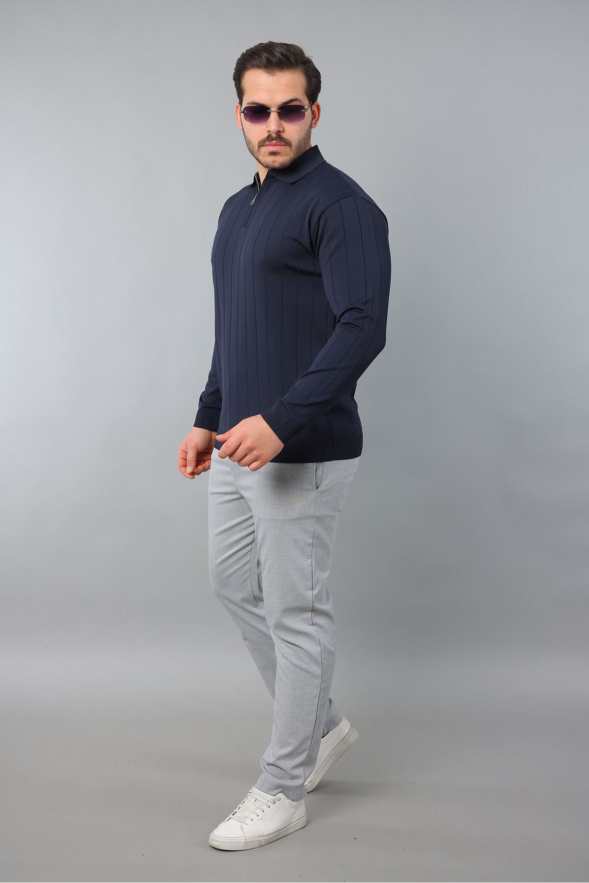 Erkek Polo Yaka Uzun kol Yarım fermuarlı Klasik Düz Günlük Kullanıma Uygun Triko