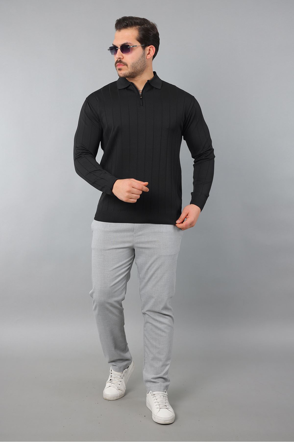 Erkek Polo Yaka Uzun kol Yarım fermuarlı Klasik Düz Günlük Kullanıma Uygun Triko