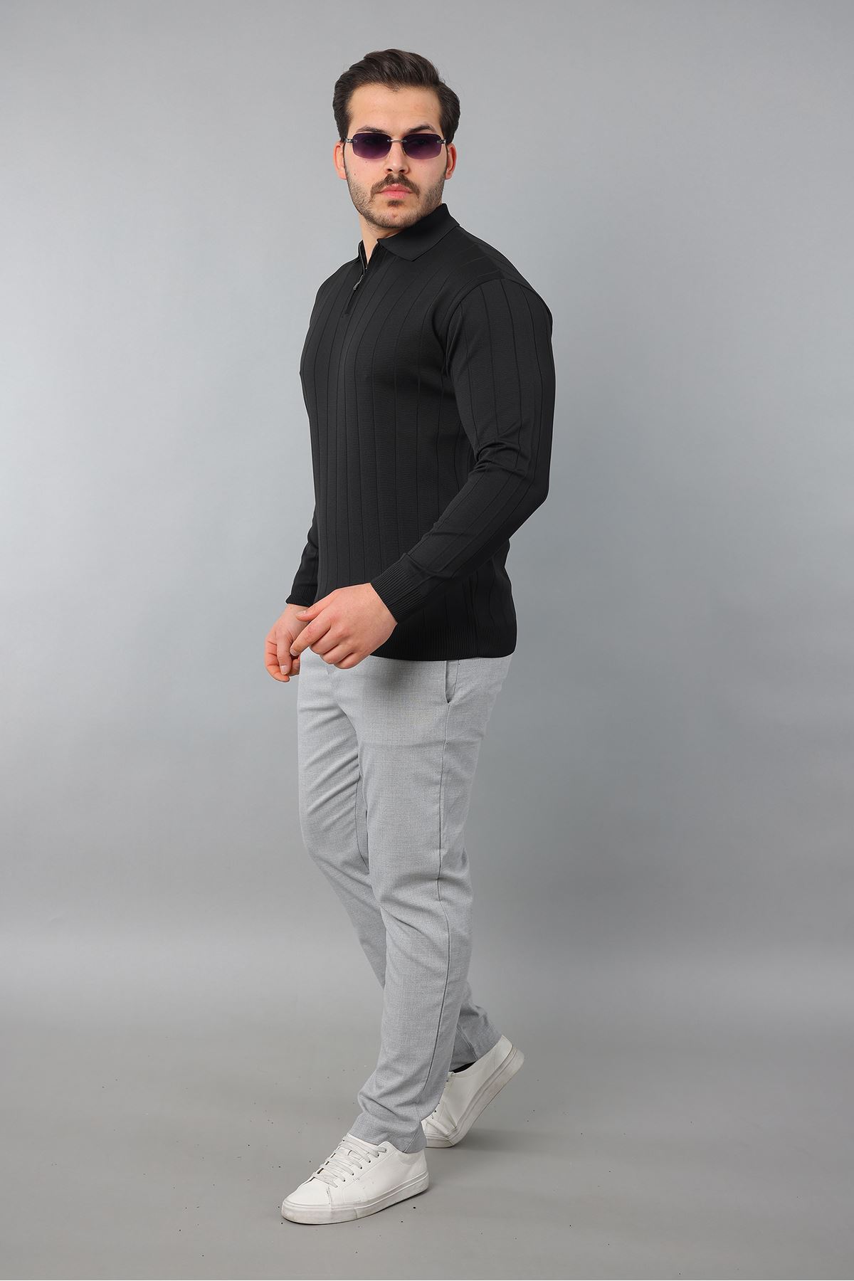 Erkek Polo Yaka Uzun kol Yarım fermuarlı Klasik Düz Günlük Kullanıma Uygun Triko