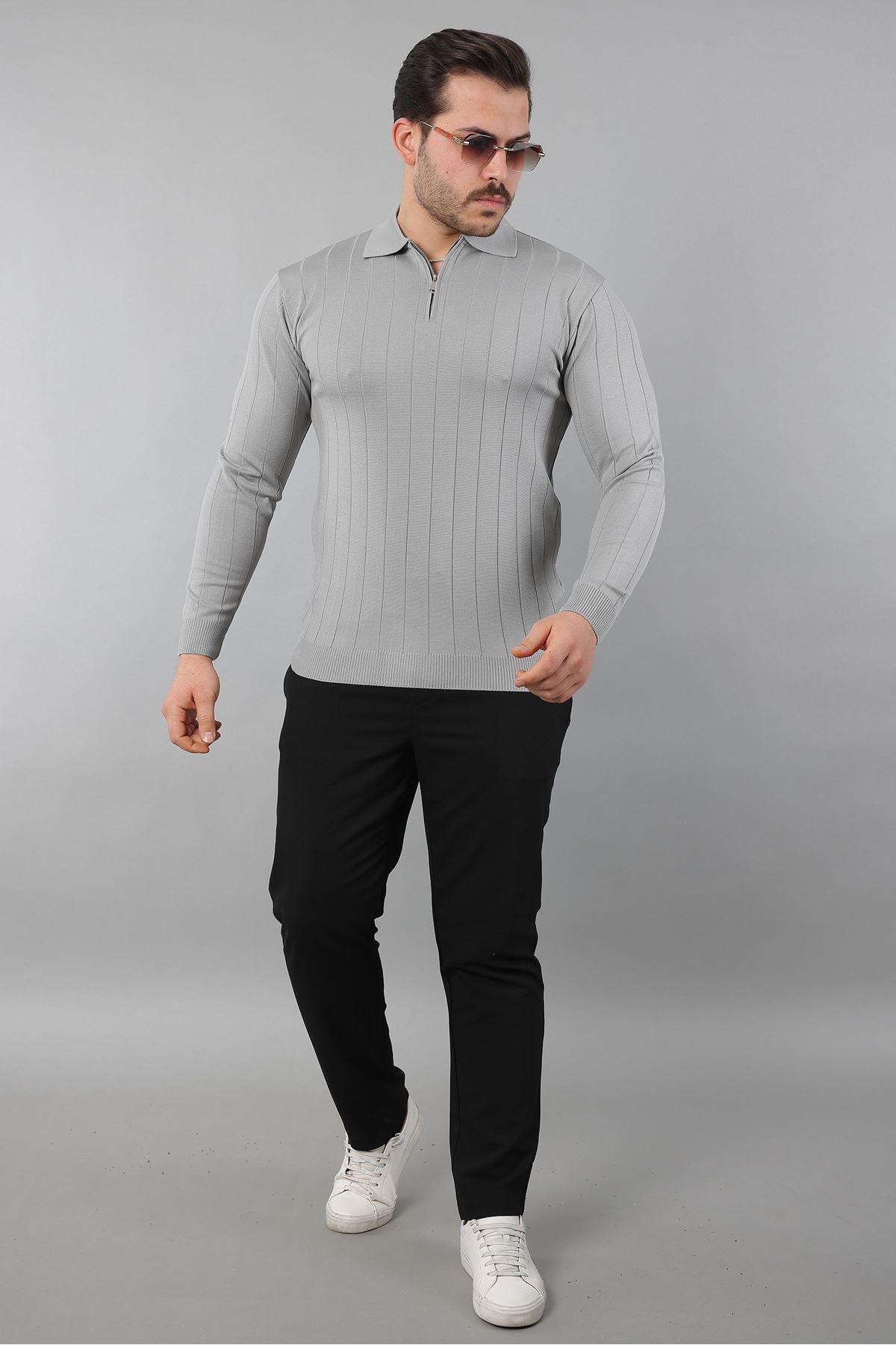 Erkek Polo Yaka Uzun kol Yarım fermuarlı Klasik Düz Günlük Kullanıma Uygun Triko