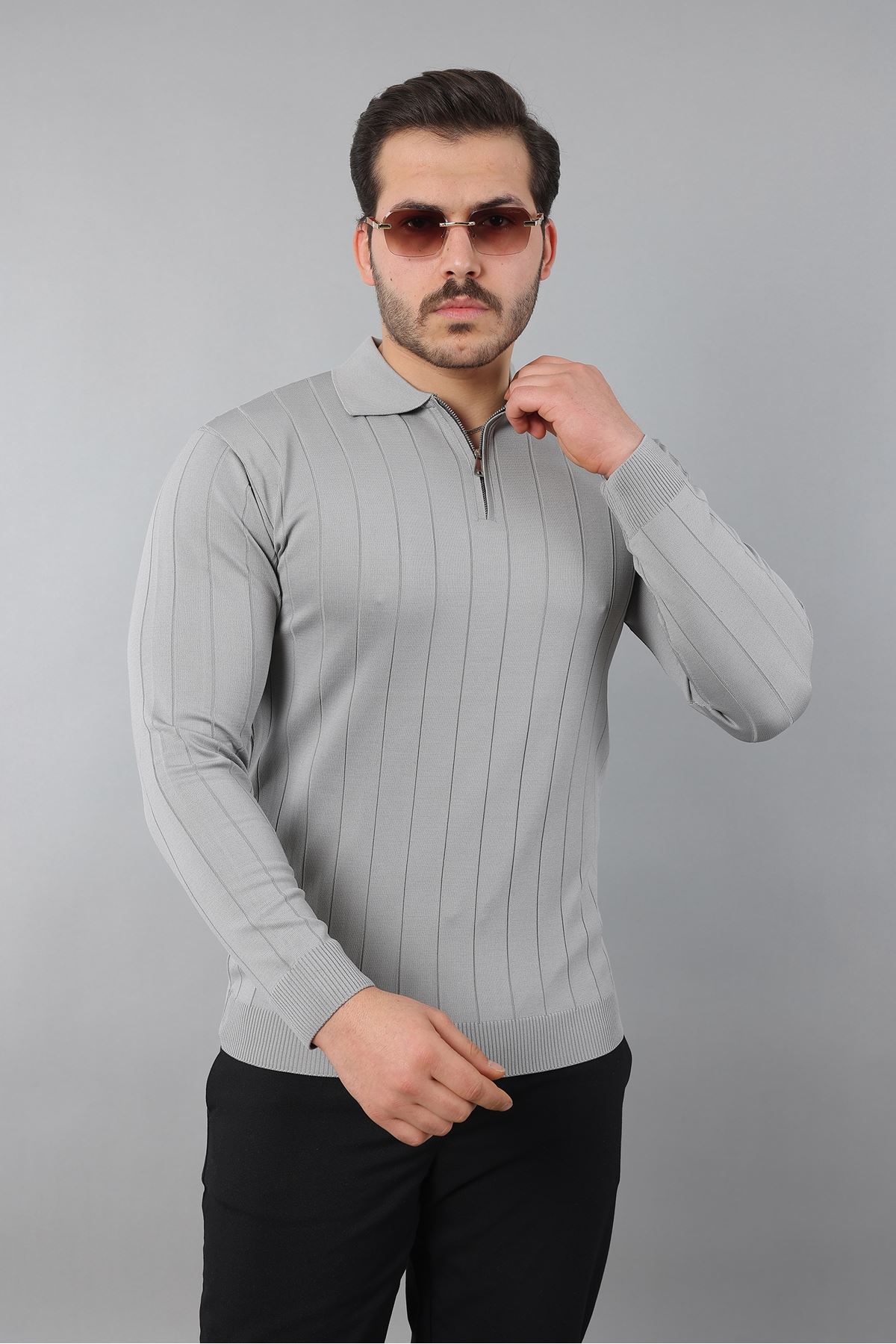 Erkek Polo Yaka Uzun kol Yarım fermuarlı Klasik Düz Günlük Kullanıma Uygun Triko