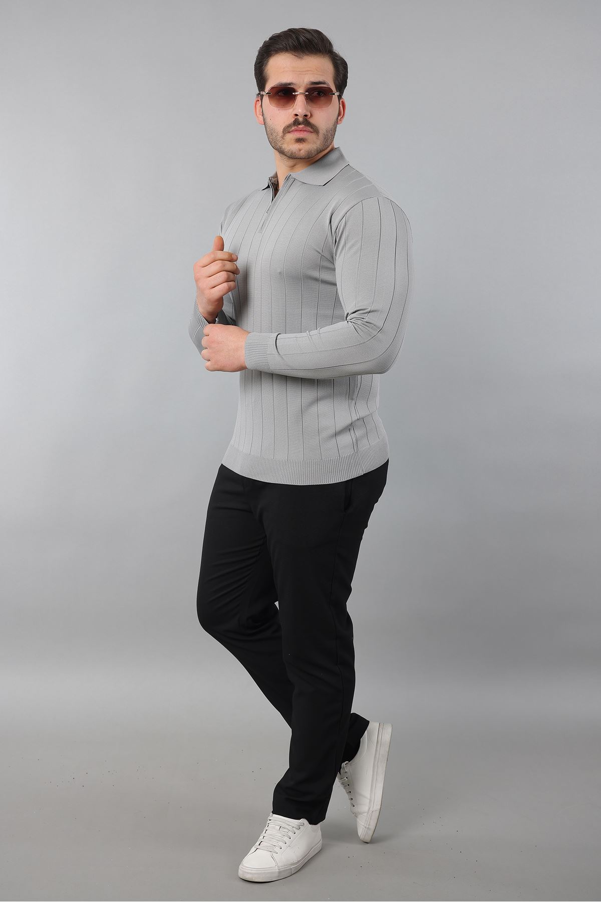 Erkek Polo Yaka Uzun kol Yarım fermuarlı Klasik Düz Günlük Kullanıma Uygun Triko