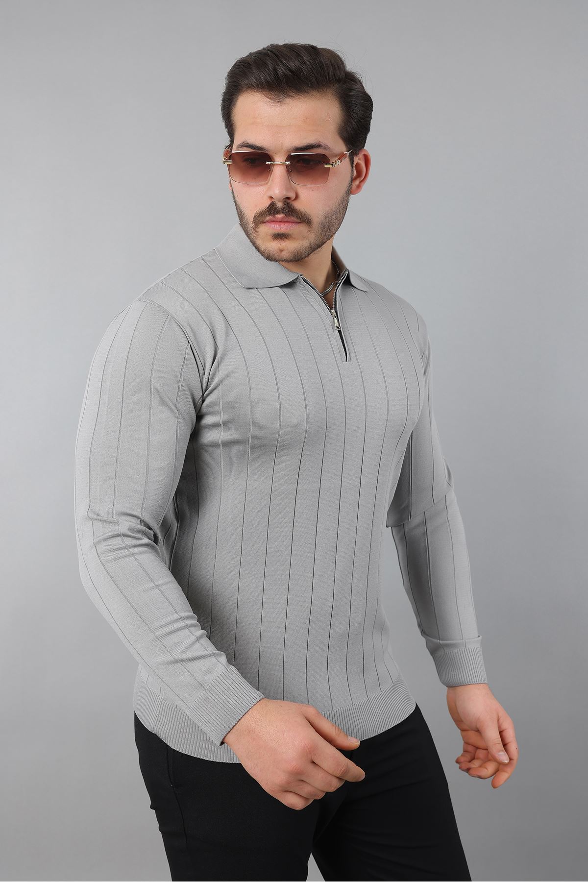 Erkek Polo Yaka Uzun kol Yarım fermuarlı Klasik Düz Günlük Kullanıma Uygun Triko