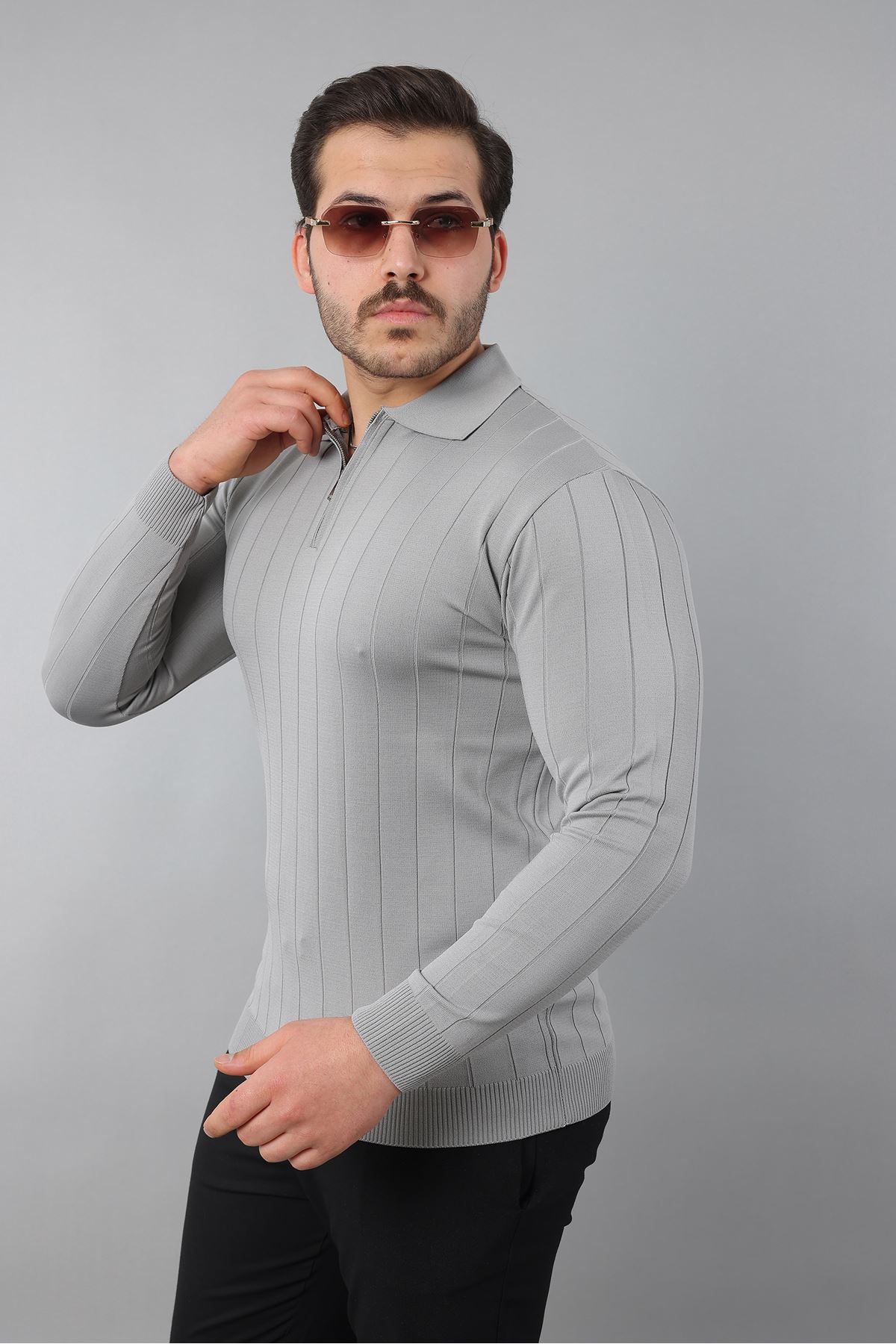 Erkek Polo Yaka Uzun kol Yarım fermuarlı Klasik Düz Günlük Kullanıma Uygun Triko