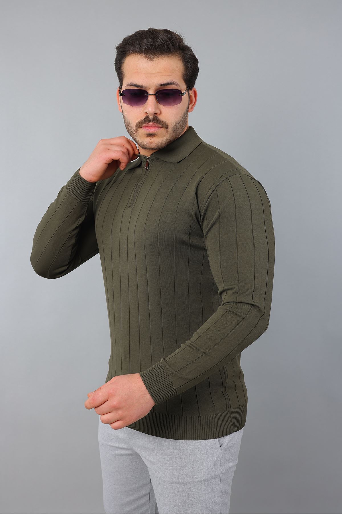 Erkek Polo Yaka Uzun kol Yarım fermuarlı Klasik Düz Günlük Kullanıma Uygun Triko