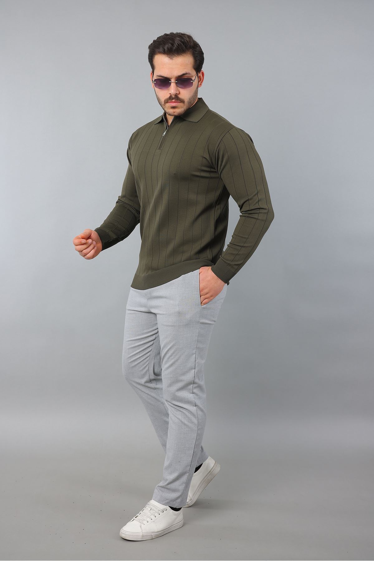 Erkek Polo Yaka Uzun kol Yarım fermuarlı Klasik Düz Günlük Kullanıma Uygun Triko