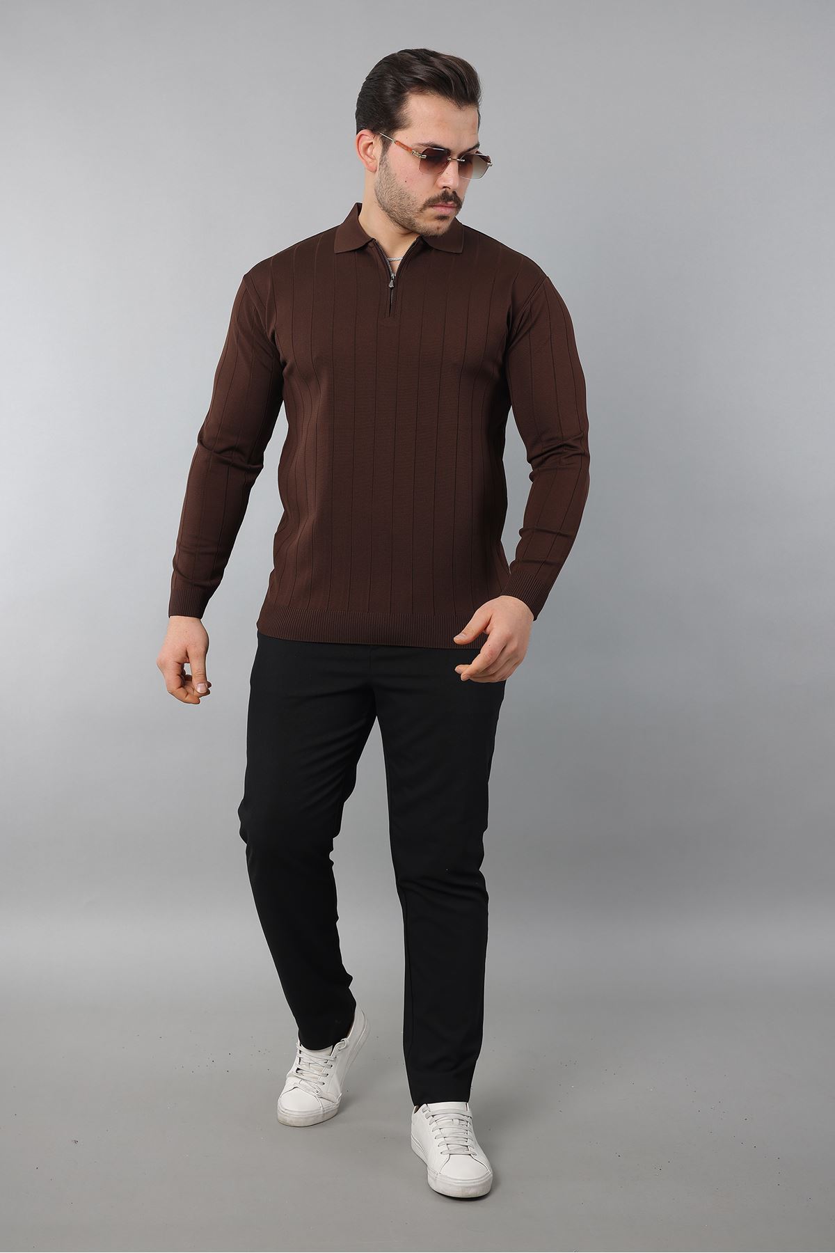 Erkek Polo Yaka Uzun kol Yarım fermuarlı Klasik Düz Günlük Kullanıma Uygun Triko