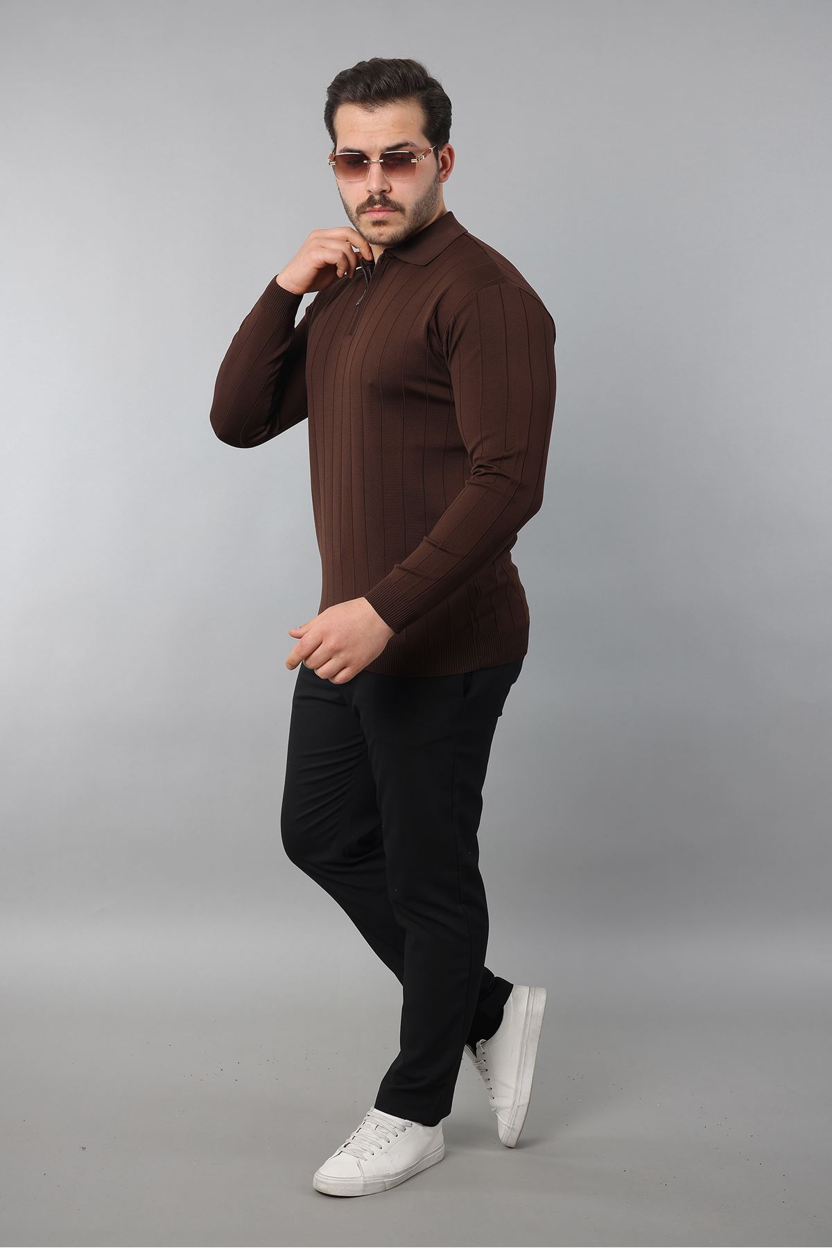 Erkek Polo Yaka Uzun kol Yarım fermuarlı Klasik Düz Günlük Kullanıma Uygun Triko