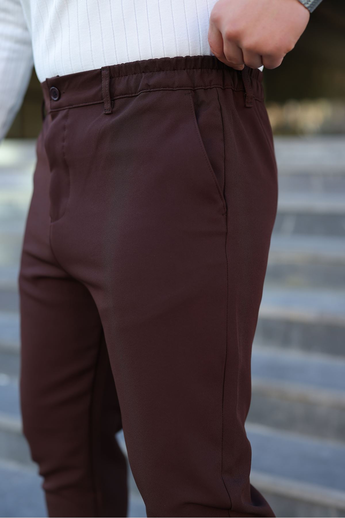 Erkek Bel Yarım Lastikli Kemerli Double Paça Dabıl Face Kumaş Slim Fit Pantolon