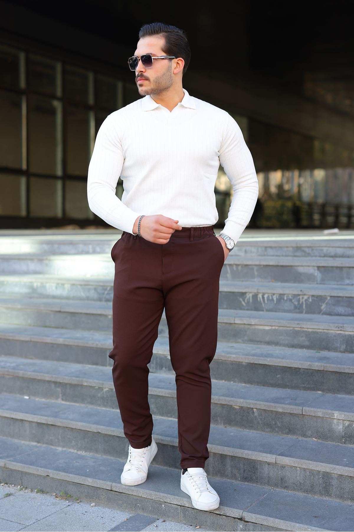 Erkek Bel Yarım Lastikli Kemerli Double Paça Dabıl Face Kumaş Slim Fit Pantolon