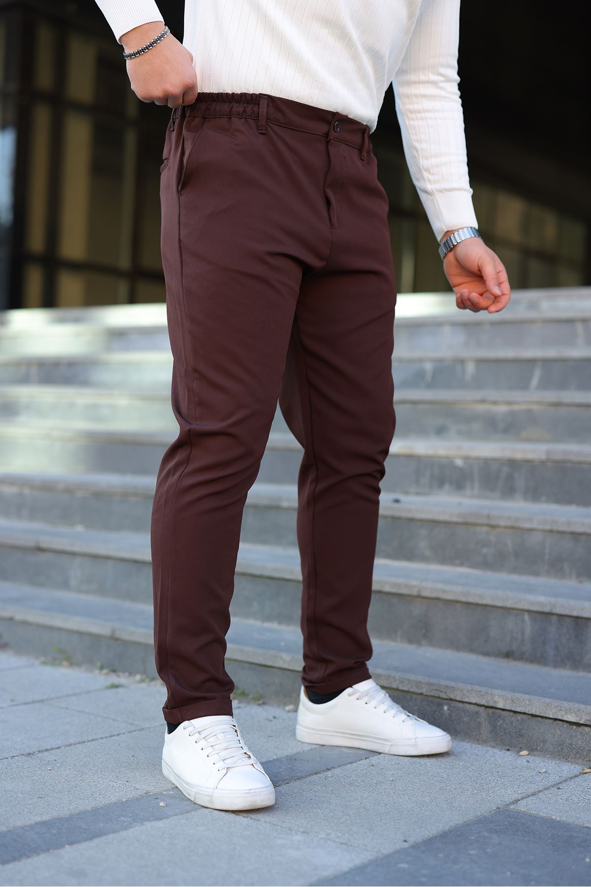 Erkek Bel Yarım Lastikli Kemerli Double Paça Dabıl Face Kumaş Slim Fit Pantolon