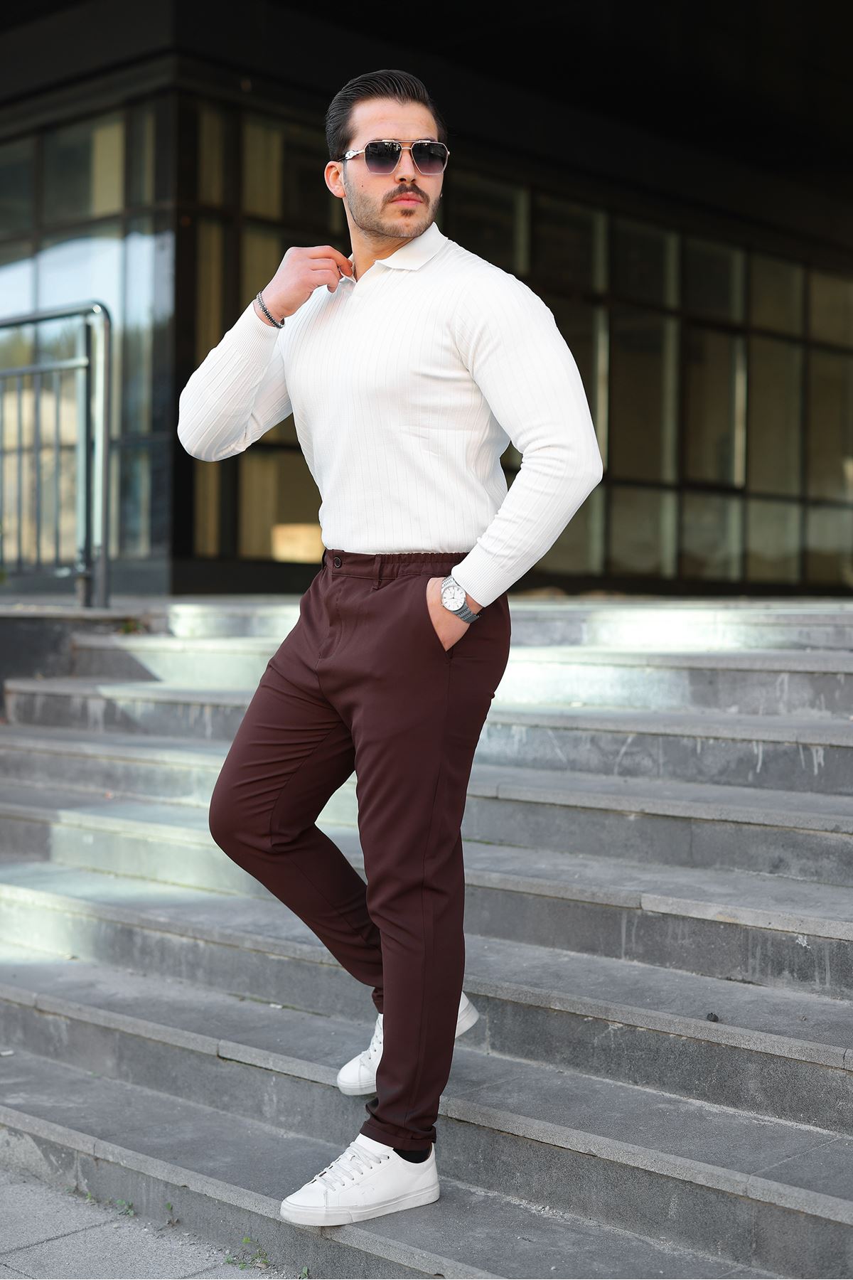 Erkek Bel Yarım Lastikli Kemerli Double Paça Dabıl Face Kumaş Slim Fit Pantolon