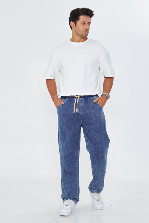 Erkek Baggy Düz Şık Etiket Detaylı Kot Pantolon 713