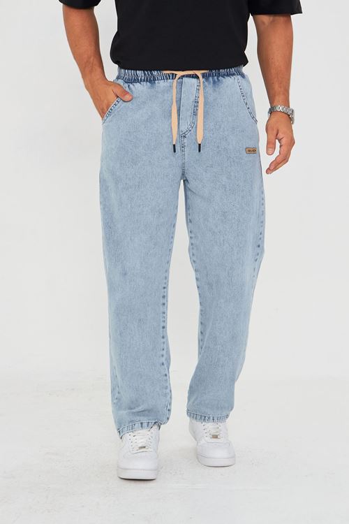 Erkek Baggy Düz Şık Etiket Detaylı Kot Pantolon 713