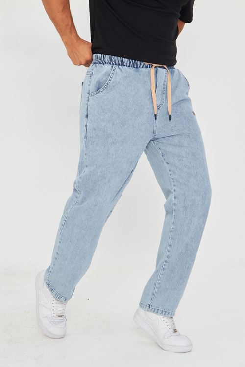 Erkek Baggy Düz Şık Etiket Detaylı Kot Pantolon 713