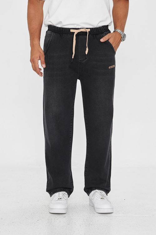 Erkek Baggy Düz Şık Etiket Detaylı Kot Pantolon 713