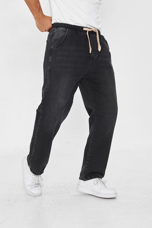 Erkek Baggy Düz Şık Etiket Detaylı Kot Pantolon 713