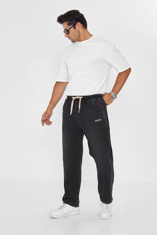 Erkek Baggy Düz Şık Etiket Detaylı Kot Pantolon 713