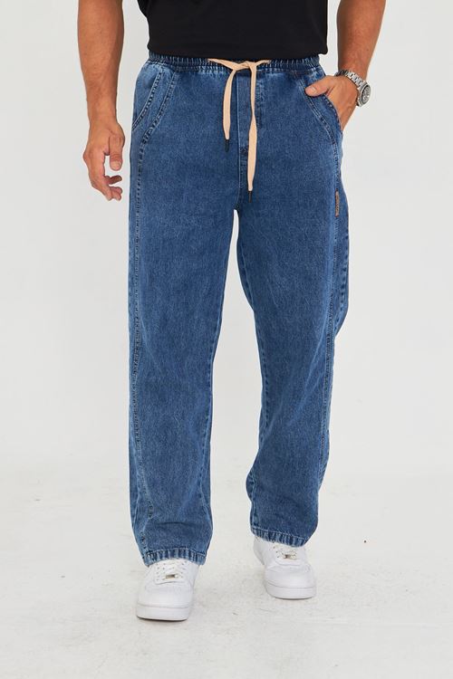 Erkek Baggy Yandan Parçalı Etiket Detaylı Düz Kot Pantolon 707