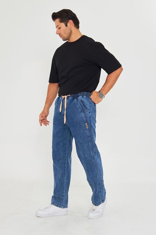 Erkek Baggy Yandan Parçalı Etiket Detaylı Düz Kot Pantolon 707
