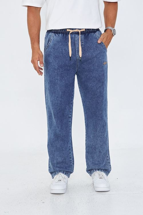 Erkek Baggy Düz Şık Etiket Detaylı Kot Pantolon 713