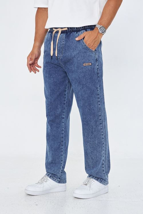 Erkek Baggy Düz Şık Etiket Detaylı Kot Pantolon 713