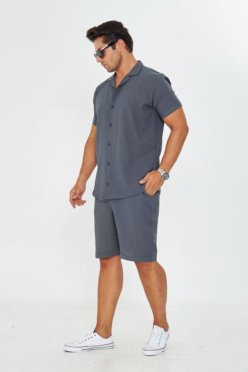 Erkek Keten Apaş Yaka Kısa Kol Gömlek - Şort Takım