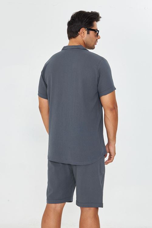 Erkek Keten Apaş Yaka Kısa Kol Gömlek - Şort Takım