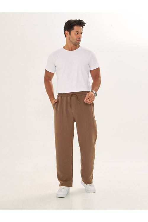 Erkek Baggy Müslin Keten Bel Bağcıklı Lastikli Düz Paça Pantolon