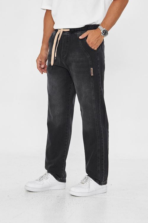 Erkek Baggy Yandan Parçalı Etiket Detaylı Düz Kot Pantolon 707