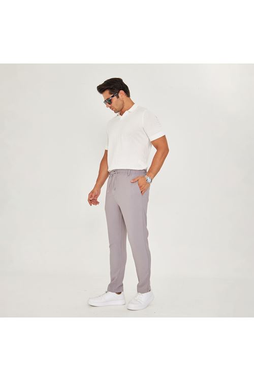 Erkek Bel Kemerli Bağcıklı Düz Paça Dabıl Kumaş Klasik Pantolon