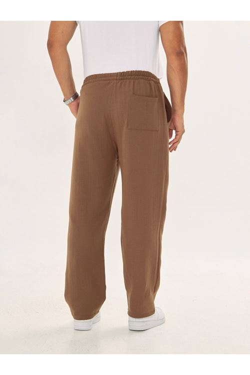 Erkek Baggy Müslin Keten Bel Bağcıklı Lastikli Düz Paça Pantolon
