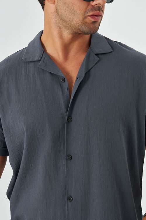 Erkek Keten Apaş Yaka Kısa Kol Gömlek - Şort Takım