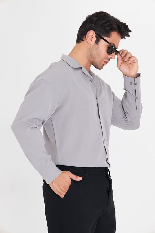 Erkek Uzun Kol Likralı Dabıl Kumaş Apaç Yaka Düşük Omuz Oversize Gömlek