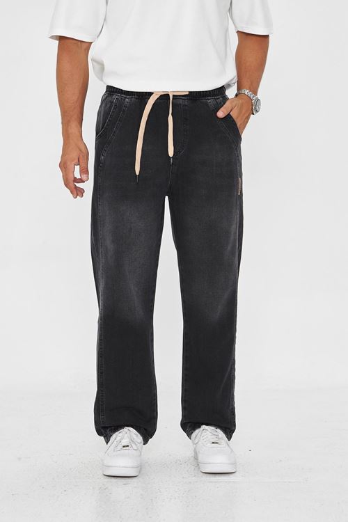 Erkek Baggy Yandan Parçalı Etiket Detaylı Düz Kot Pantolon 707