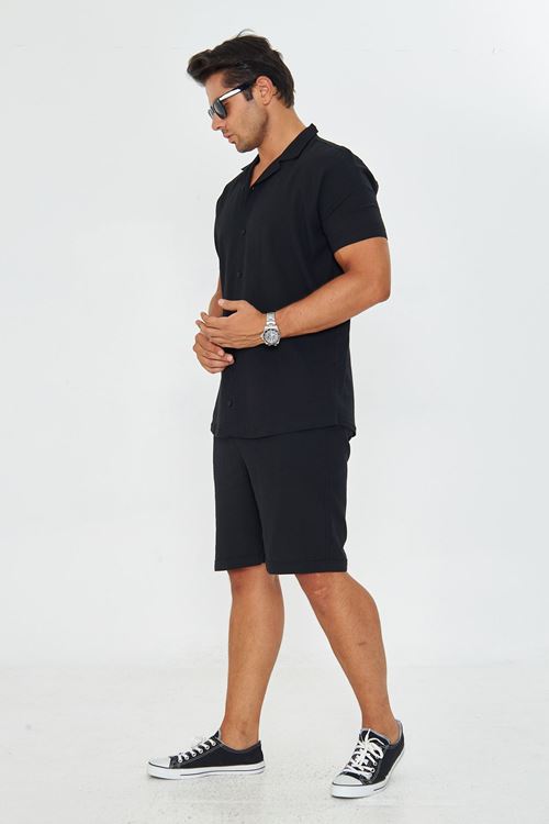 Erkek Keten Apaş Yaka Kısa Kol Gömlek - Şort Takım